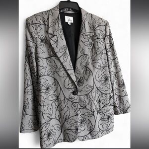 Alex Evenings 100% Silk Blazer Sz 14 Black White Floral Textured Houndstooth USA